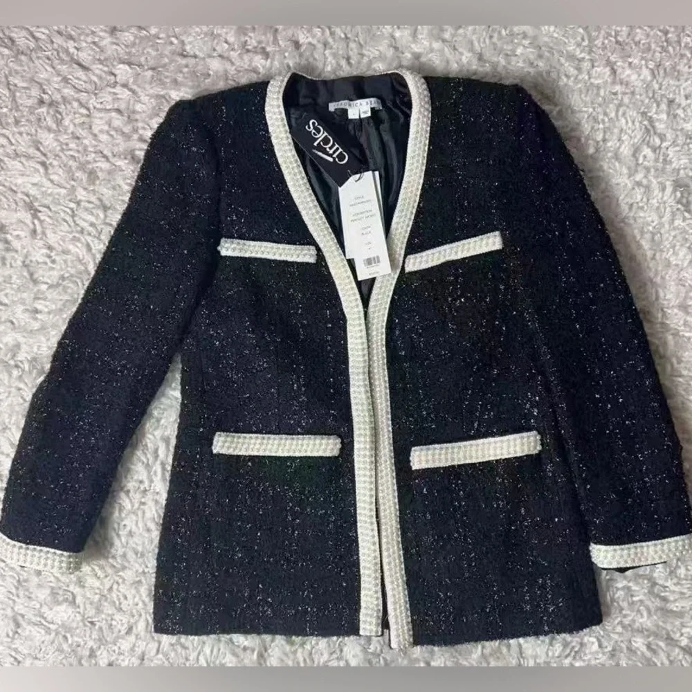 NWT $798 Veronica Beard Kemsley Pearl-embellished Black and White Tweed Jacket